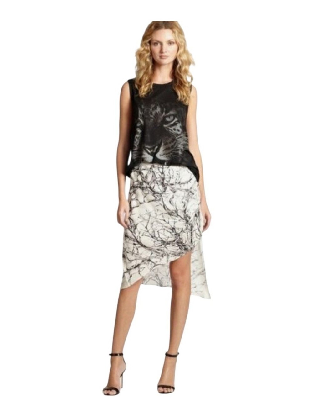 Haute Hippie swan/black abstract print asymmetrical silk skirt Size M